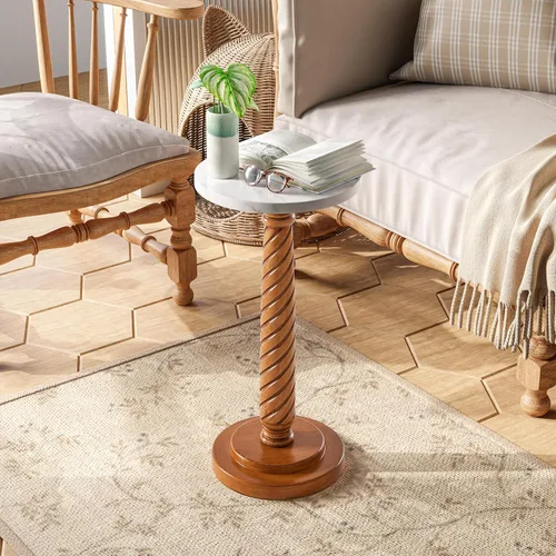 Miniatura 14 de COZAYH Mesa de pedestal rústica tradicional, mesa auxiliar redonda con acabado envejecido estilo granja para espacios pequeños, color marrón oscuro