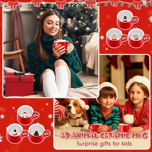 Miniatura 5 de Uiifan 6 piezas Tazas de café de Navidad 3D 375 ml Tazas de chocolate caliente Cerámica Muñeco de nieve Papá Noel Árbol de Navidad Pingüino Taza