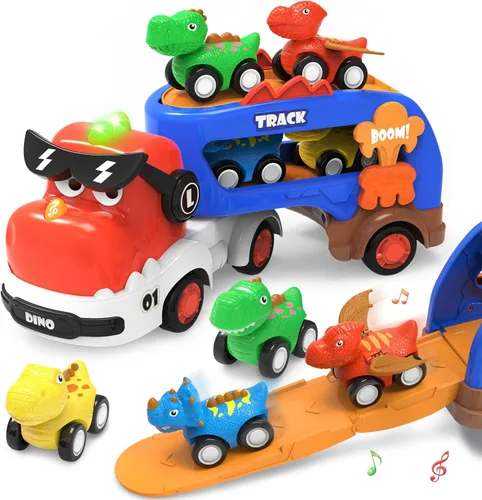 Juguetes de Dinosaurio para Niños 2 3 4 5 6, 5 en 1 Camión de Dinosaurio con 4 Coches de Dino, Luz y Sonido, Juguetes para Niños de 2 a 7 Años,