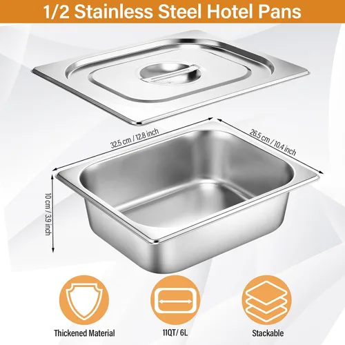 Miniatura 2 de Thenshop Juego de 8 Bandejas de Acero Inoxidable para Mesa de Vapor de Hotel con Tapas de 4 pulgadas 1/2 Tamaño Medio Bandejas de Restaurante Anti