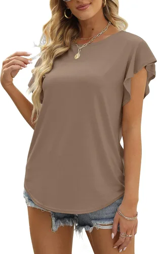 MIROL - Blusa informal de verano para mujer, blusa de manga corta con volantes y cuello redondo, unicolor, tipo túnica