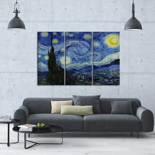 Miniatura 4 de iKNOW FOTO Lienzo grande de 3 paneles, arte de pared, noche estrellada por Van Gogh, famosas pinturas al óleo, reproducción moderna de lienzo