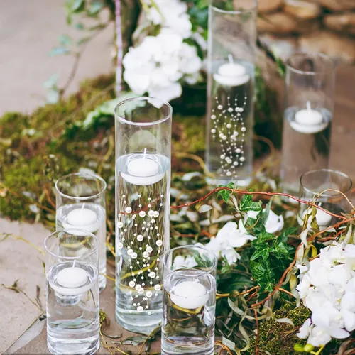 Miniatura 8 de 50 piezas de cadenas de perlas flotantes para velas flotantes, perlas artificiales para relleno de jarrones, decoraciones de mesa para centro