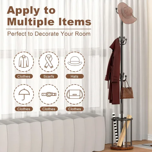 Miniatura 3 de Perchero independiente con soporte para paraguas, perchero con 12 ganchos para ropa, bolsos, sombreros, perchero, árbol, perchero, sombrero, Marrón