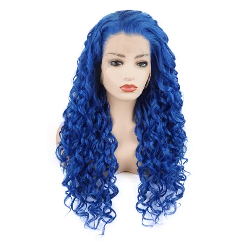 Miniatura 2 de Pelo rizado largo 26 pulgadas azul medio atado a mano realista densidad densidad sintético encaje frente pelucas