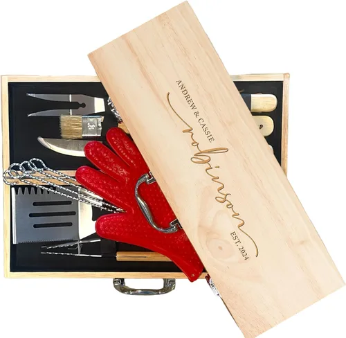 Miniatura 14 de Juego de parrilla BBQ de 11 piezas con caja de madera de arce grabada, herramientas de barbacoa de acero inoxidable premium con mangos de madera