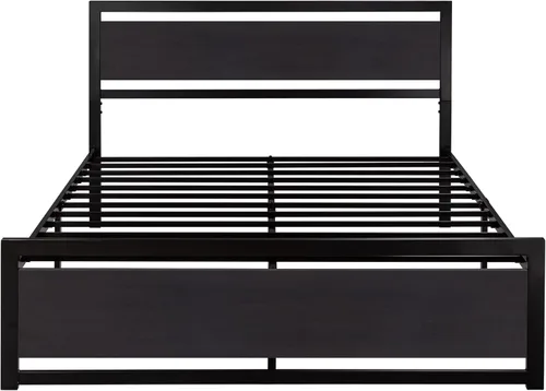 Miniatura 8 de SHA CERLIN Base de cama tamaño Queen con cabecera moderna, base de metal de plataforma resistente con estribo cuadrado y soporte de 13 listones Negro