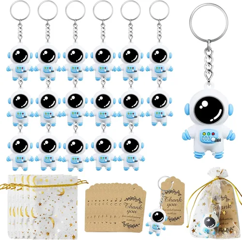 Regalos de fiesta espacial de astronauta, 18 juegos con llaveros espaciales de astronauta, bolsas de organza de estrellas y luna, etiquetas de papel