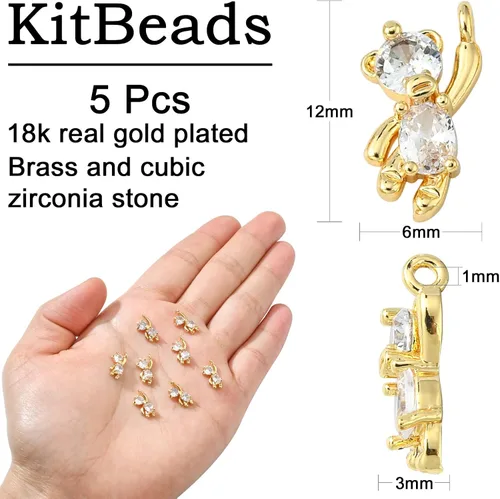 Miniatura 2 de KitBeads 5 dijes de oso de circonita cúbica chapados en oro de 18 quilates, lindos dijes de animales colgantes para hacer pulseras de joyería