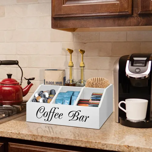 Miniatura 3 de ugiftt Organizador de estación de café para mostrador, cesta de almacenamiento de cápsulas de café de madera, organizador de almacenamiento