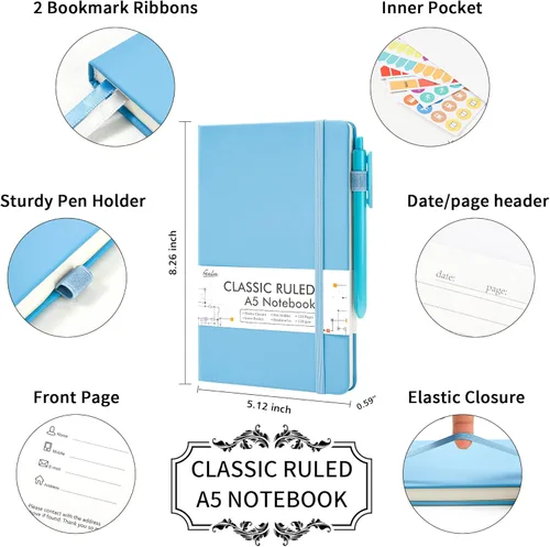 Miniatura 2 de feela Paquete de 5 Cuadernos Diarios a Granel, Diarios Clásicos de Tapa Dura con Líneas Rayadas con Portabolígrafos para Mujeres y Niñas, 5 azul