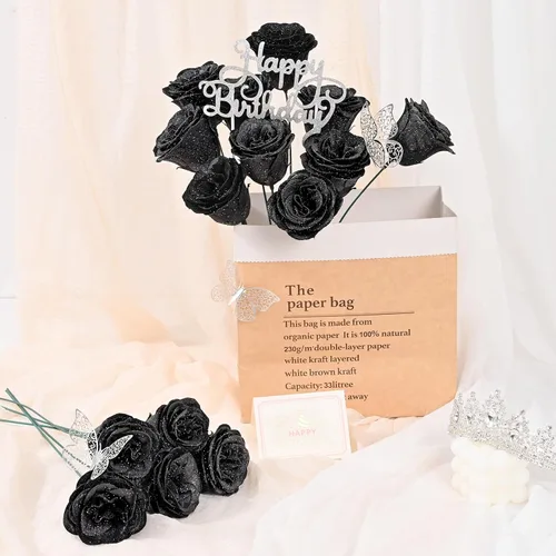 Miniatura 7 de Waipfaru Ramo de rosas con purpurina, regalos de cumpleaños para mujeres y madres, ramo de flores falsas con letreros de cumpleaños, 36 rosas negras