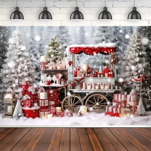 Miniatura 2 de Telón de fondo de fotos para tienda de cacao caliente de invierno, carrito de madera, decoración del hogar familiar, fondos de fiesta de vacaciones