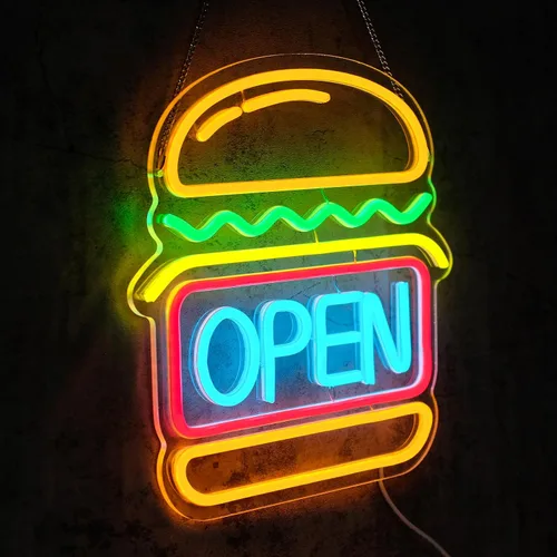 Miniatura 2 de Letrero de neón de hamburguesas abierto para decoración de pared Luces LED de hamburguesa regulables Letreros de neón abiertos para negocio Luz