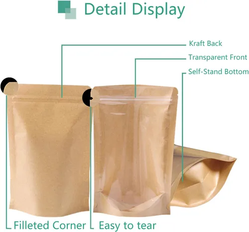 Miniatura 3 de 50 bolsas de papel kraft con ventana transparente Fornt bolsas resellables de pie con cierre de cremallera, bolsas de almacenamiento de alimentos