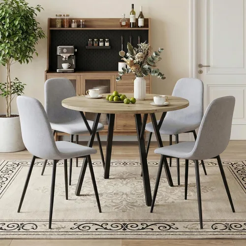 Miniatura 7 de Juego de mesa de comedor redonda para 4, mesa de cocina redonda rústica de 36 pulgadas y 4 sillas de comedor de lino y algodón gris oscuro, marco