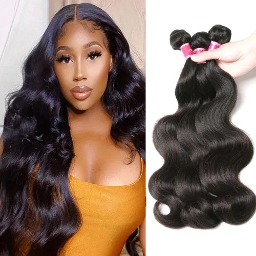 Miniatura 15 de Paquetes de Ondas Corporales con Cierre para Mujeres Negras (10 12 14+10) 100% Cabello Humano Brasileño de Ondas Corporales Sin Procesar 3 Paquetes