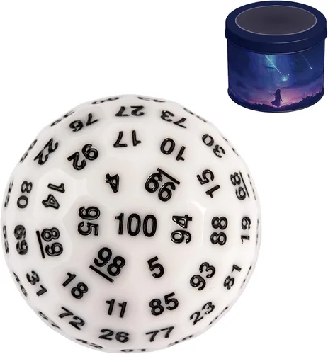 Miniatura 15 de Dados poliédricos mejorados de 100 caras (D100), 1.969 in, fuente negra/roja, dado único, dados de juego D&D, lata de almacenamiento de metal