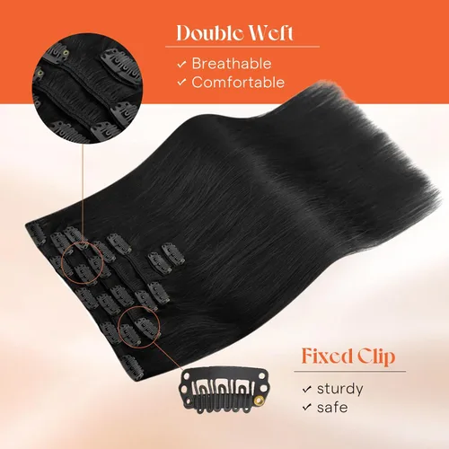 Miniatura 9 de Sunny Hair - Extensiones de clip de cabello humano lacio - color negro (Off Black) - 24 pulgadas, 7 unidades, 4.23 onzas