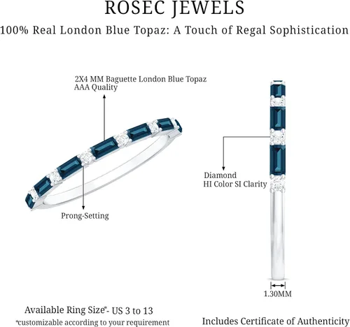 Miniatura 6 de Natural London Blue Topaz Diamond Half Eternity Anillo de calidad AAA, anillo apilable de topacio certificado – con joyero