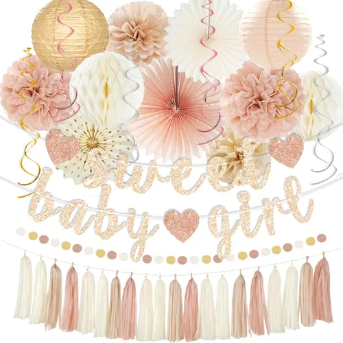 Conjunto de decoraciones para baby shower de otoño en tonos champán-dorado y beige - Dulce cartel de Baby Girl, linternas de papel blanco y