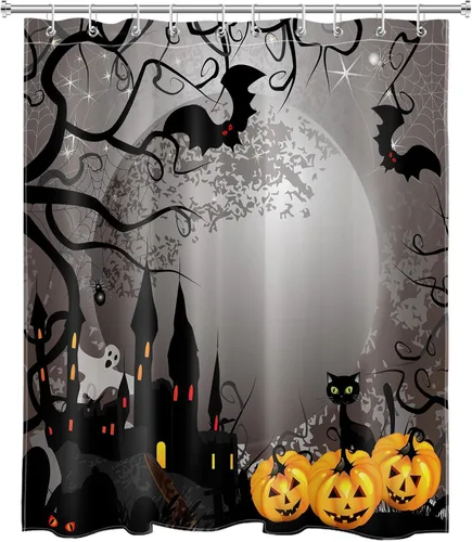 Miniatura 2 de EOBTAIN Cortina de ducha de calabaza espeluznante de Halloween, fantasma y gato murciélago con casa embrujada en noche oscura aterradora, cortina