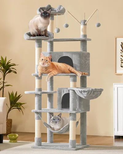 Miniatura 2 de Yaheetech Árbol para gatos, torre grande de 67 pulgadas con 3 palitos extraíbles, 2 perchas en forma de orejas de gatito, 2 condominios, hamaca