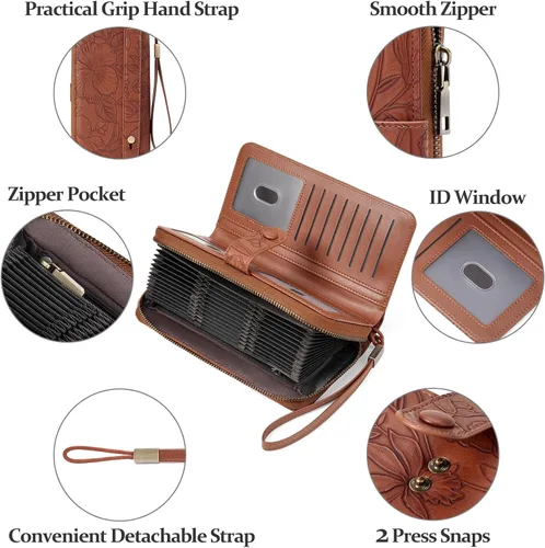 Miniatura 5 de SENDEFN Cartera de piel con cierre RFID para mujer, con cierre de cremallera, de gran capacidad, con correa para la muñeca, Marrón, Classic