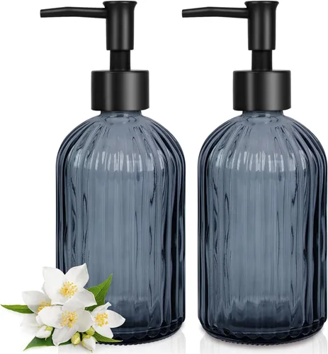 Miniatura 15 de Topsky Paquete de 2 dispensadores de jabón de vidrio con bomba de plástico negro, dispensador de jabón líquido de manos de 11.2 fl oz, bomba a