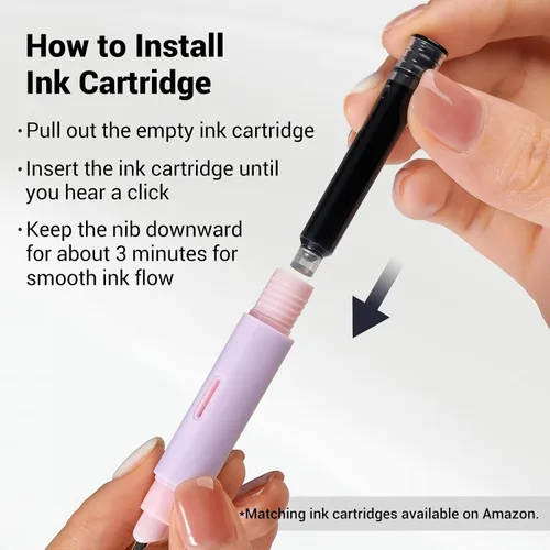 Miniatura 3 de WRITECH Pluma estilográfica de agarre suave: Plumín fino con tinta negra y 3 cartuchos de tinta y 1 juego de repuesto de plumín, escritura suave Rosa