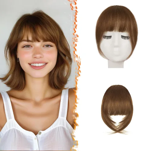 Miniatura 33 de BARSDAR Flequillo postizo de pelo humano real - Flequillo postizo 100% pelo humano para mujeres - Extensiones de flequillo ondulado castaño rojizo