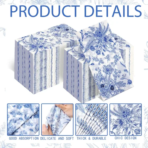 Miniatura 3 de Fuutreo 200 servilletas florales azules para invitados, regalos de despedida de soltera, toallas de mano desechables para baño, servilletas Rústico