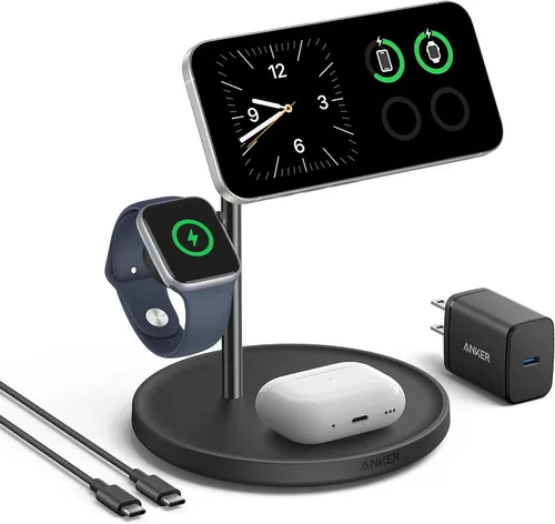 Anker MagGo Soporte de carga inalámbrico 3 en 1 compatible MagSafe, de 15 W, con certificado Qi2, accesorio de escritorio, para iPhone 16, 15, 14,