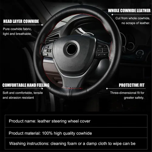 Miniatura 3 de Funda de Volante de Cuero Genuino, Envoltura con Costura para Volante de hasta Diámetro 15 Pulgadas, Protector de Volante de Costura DIY, Accesorios