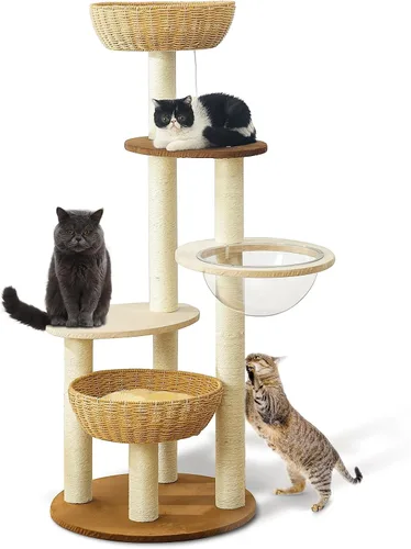 Miniatura 12 de Árbol moderno para gatos de interior con postes rascadores de cuerda de sisal, condominio tejido a mano y percha superior, nido de cápsula espacial