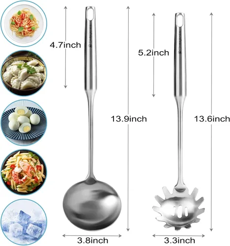Miniatura 5 de Juego de cucharón de sopa y cuchara de espaguetis de acero inoxidable, cuchara grande, colador de pasta, utensilios de cocina duraderos