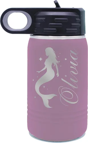 Miniatura 12 de My Personal Memories Botella de agua personalizada de 12 onzas para niños con pajilla, vaso aislado de doble pared para niños, niñas, escuela, Azul