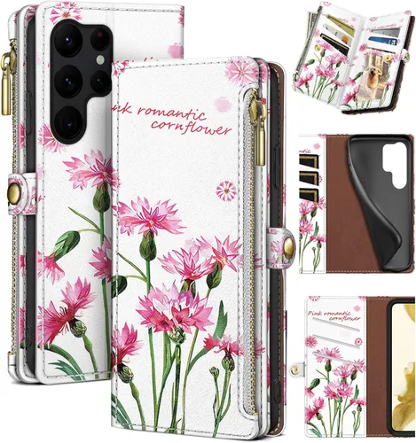 Miniatura 14 de XcaseBar Funda tipo cartera para Samsung Galaxy S23 Ultra con cremallera【Bloqueo RFID】 Soporte para tarjeta de crédito, libro de folio con tapa Rojo