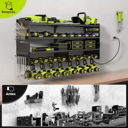 Miniatura 6 de POKIPO Organizador grande de herramientas eléctricas de montaje en pared con estación de carga, 4 capas de metal resistente para almacenamiento