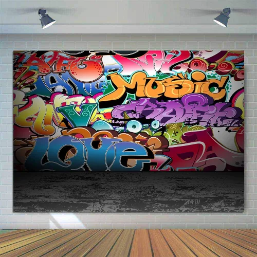 Miniatura 12 de Telones de fondo de fotografía de graffiti de 5 x 3 pies, colorido hip hop urbano temática sesión de fotos de regreso a la fiesta temática