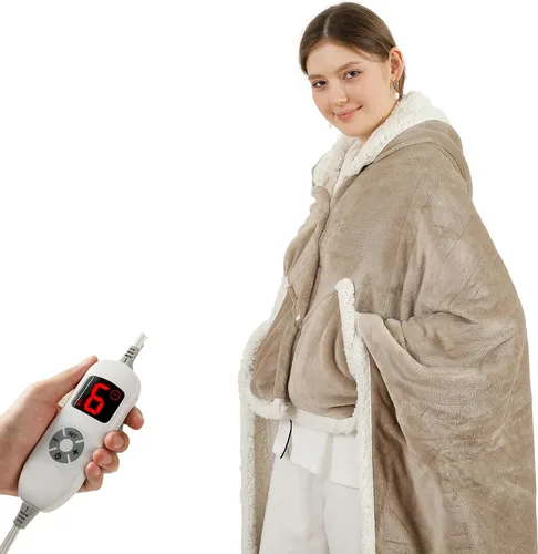 COZYTY Manta eléctrica de chal con calefacción, envoltura térmica con bolsillos, 6 ajustes de calor y temporizador de apagado automático de 1-4