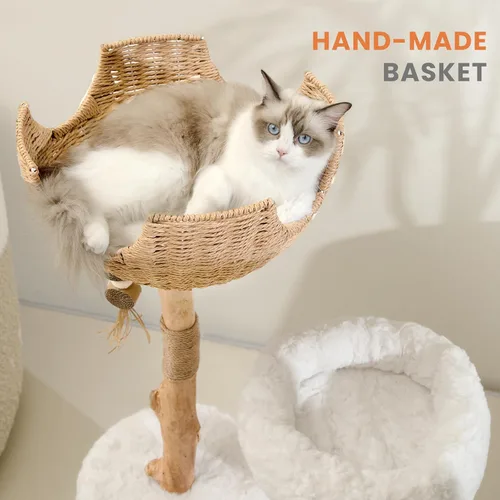 Miniatura 6 de PEGIC - Torre para gatos de ramas naturales de 44 pulgadas, árbol alto de varios niveles para gatos Plataformas cortas de felpa, nido de mimbre