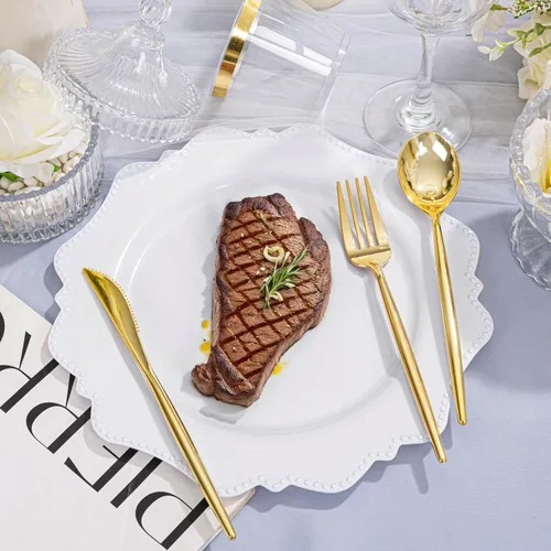 Miniatura 7 de COLOSUS Juego de cubiertos dorados desechables de 350 piezas de plástico blanco para fiesta: 50 platos de cena, 50 platos de postre, 50 servilletas