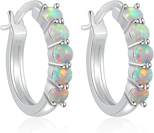 CiNily Aretes de aro pequeños para mujer, plata de ley u ópalo chapado en oro rosa, hipoalergénicos, aretes de aro de piedras preciosas de 0.709in,