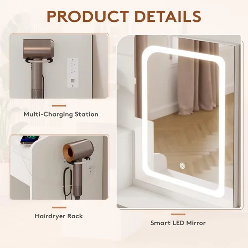 Miniatura 13 de LIVELYGLOW Juego de tocador pequeño con espejo iluminado y estación de energía, escritorio de maquillaje blanco moderno de 24 pulgadas con taburete