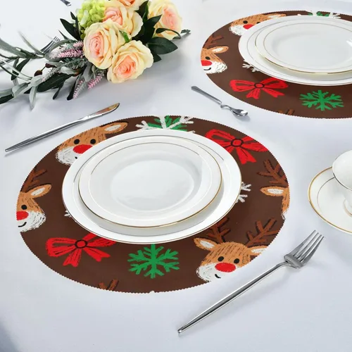 Miniatura 6 de Manteles individuales de Navidad con lazo y ciervos marrones para mesa de comedor, tejido redondo, reutilizables, para bebé, juego de 4 manteles