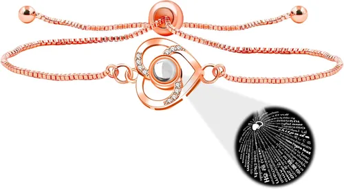 Miniatura 14 de Pulsera ajustable de cadena de plata/oro rosa, 4 dijes de corazón diferentes en 100 idiomas con texto en inglés "Say I Love You", pulsera