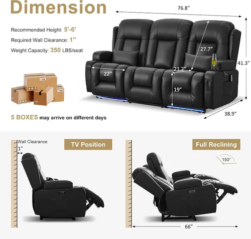Miniatura 3 de URRED Sofá reclinable eléctrico con masaje y calor, sofá biplaza reclinable de pared con consola, sofá de casa rodante, asiento de cine en casa