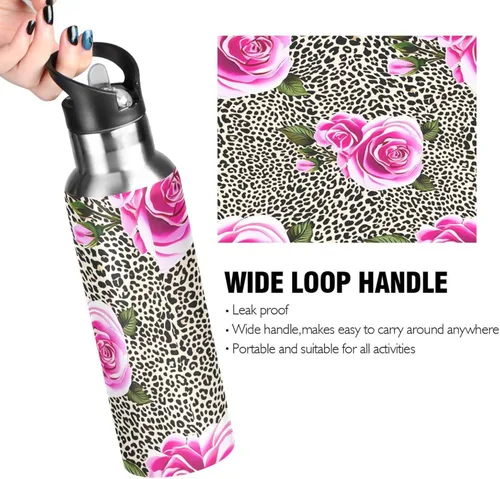 Miniatura 4 de Pink Roses Leopard Print Stainless Steel Vacuum Insulated Water Bottle 20 Oz Leakproof Water Bottles, BPA-Free Sport Water Bottle Insulated