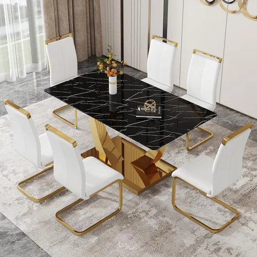 Miniatura 21 de Juego de mesa de comedor de 63 pulgadas para 4, juego de mesa de comedor dorado moderno para 4, juego de mesa de cocina de mármol sintético con negro
